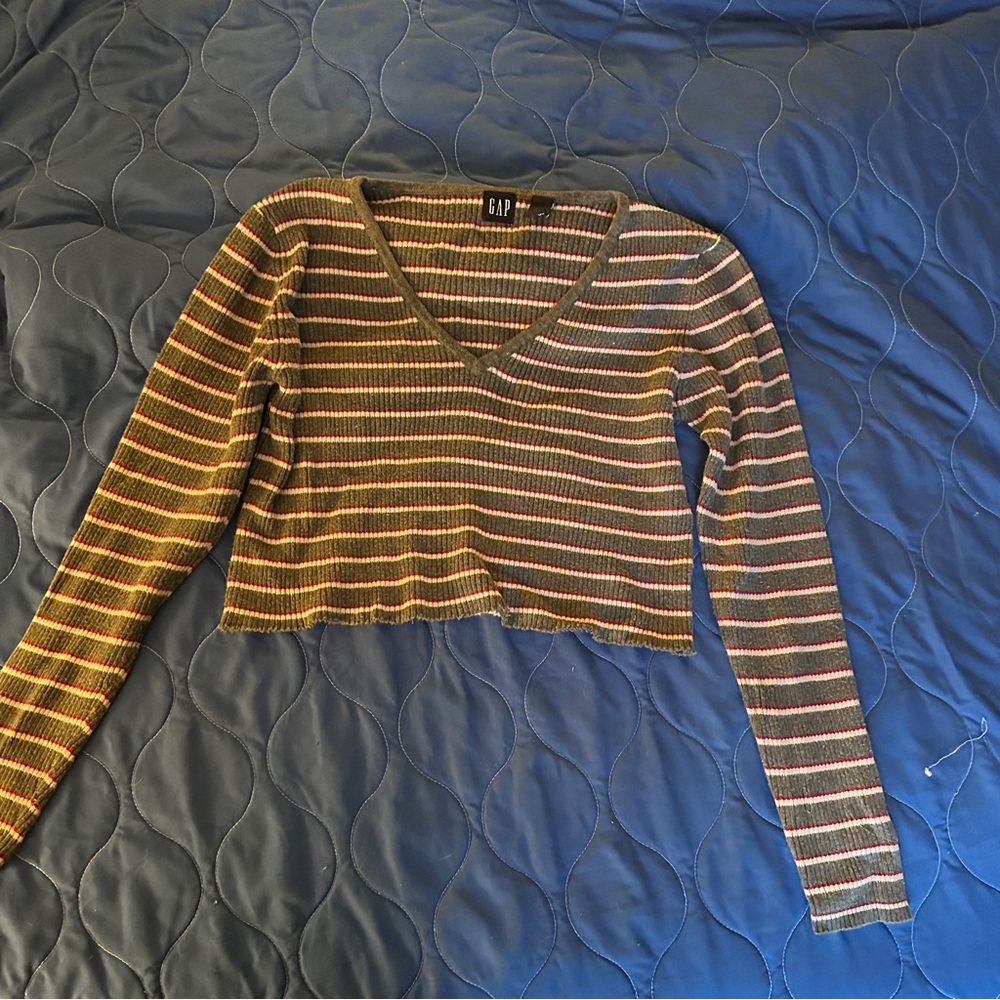 GAP Women's V-Neck Striped Blouse - Gray, Red, and White
